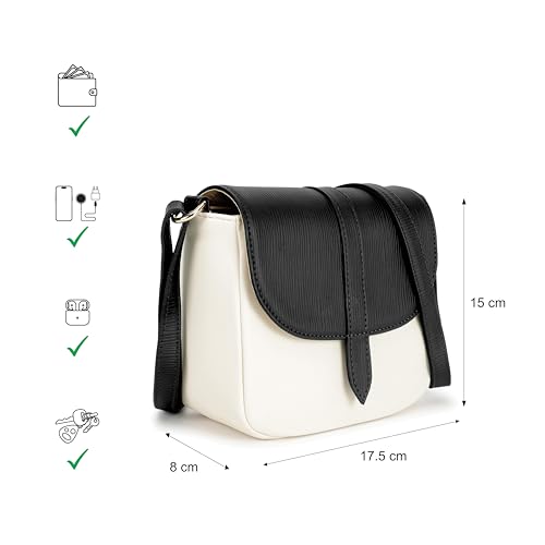 Fastrack RufflePlay Black Sling | Faux-Leather Women’s Handbag | Textured Flap Sling with Button Closure & Adjustable Strap