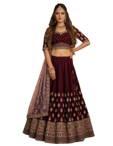 Gopkanya enterprise Women's Designer Silk Maroon Lehenga Choli Set with Heavy Gold Zari Embroidery - Readymade & Ready to Wear Bridal Lehenga for Weddings, Engagements, and Festive Receptions