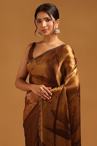 Soch Womens Brown Organza Botanical Saree With Stone Work