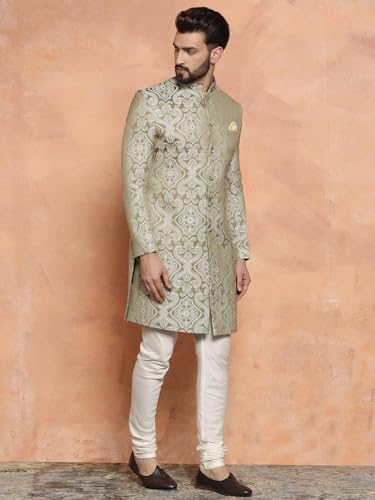 KISAH Sherwani for Men Wedding – Embroidered Indo Western Sherwani with Churidar | Designer Ethnic Outfit for Groom & Festivals, Olive, 40