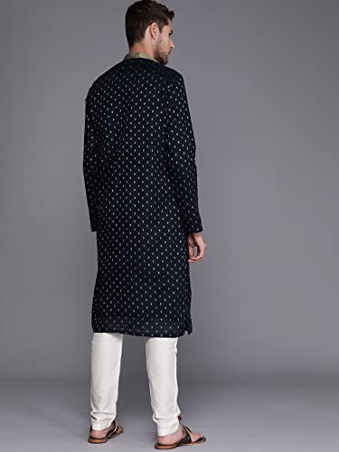 Manyavar Kurta Set For Men, Full Sleeves Mandarin Collar Ethnic Kurta Set For Engagement, Wedding, Party Solid (Blue, 2XL)