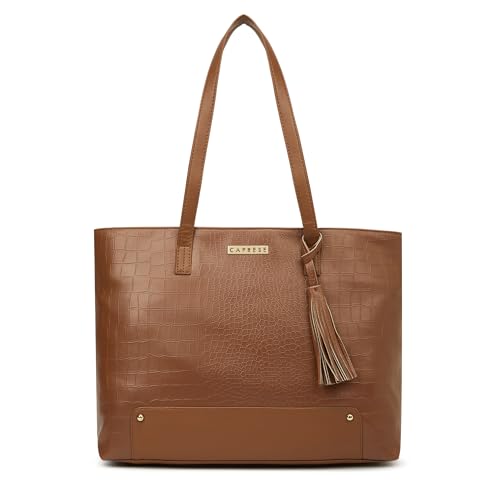 Caprese Sansa 16 Inch Laptop Large Tote Bag for Women | Stylish, Durable, Multi-Compartment Design for Work, Travel, Shopping | Comfortable Straps Shoulder and Handheld Bag for Daily Use (Tan)