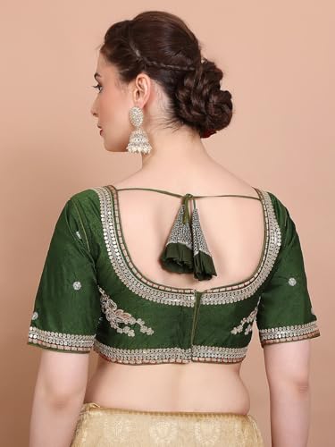 S SALWAR STUDIO Mehendi Green Silk Embroidered Readymade Alterable Saree Blouse