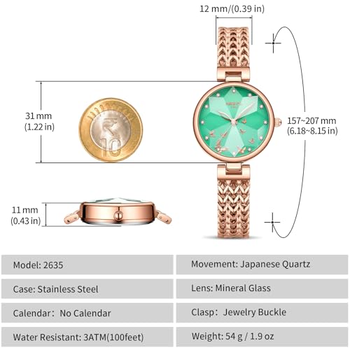NIBOSI Watch for Woman Analog Quartz Rose Gold Stainless Steel Mesh Band Women Watches Stylish Diamond Wrist Watch Waterproof (Rose Green)