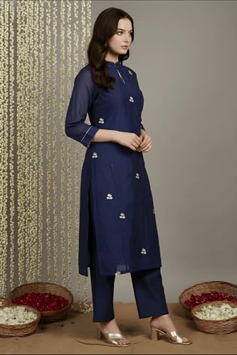W for Woman Navy Blue Zari Chanderi Straight Kurta with Straight Pant and Dupatta Set - (WSST19985-213192-XS)