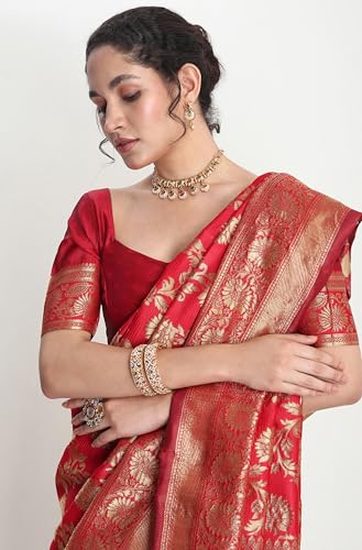 Janasya Women's Red Silk Blend Floral Woven Design Jacquard Saree with Blouse Piece