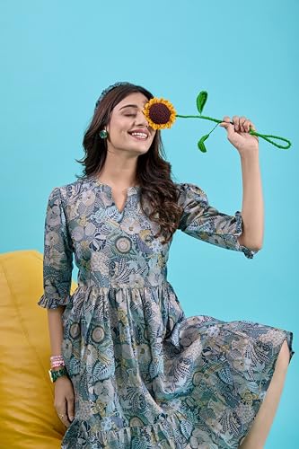 ORICA FASHION Women's Blue Poly Crepe Printed Fit & Flare Dress | Stylish Party Dress for Women & Girls (XL)