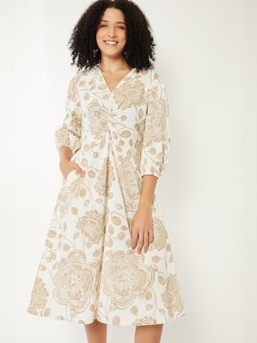 Max Women Printed A-line Midi Dress(Beige_M)