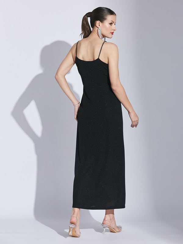 Latin Quarters Women Black V-Neck Sleeveless Solid Dress_S