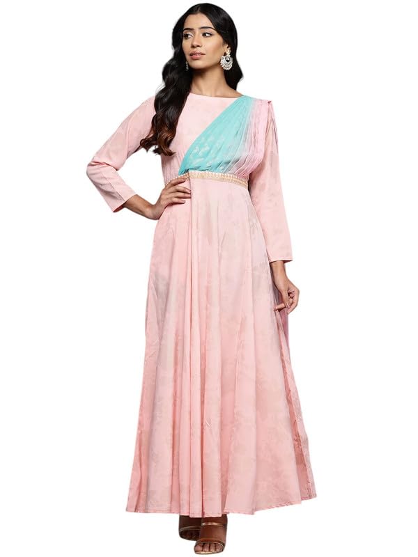 Ahalyaa Women's Crepe Empire Waist Maxi Casual Dress (AHEDCRFP-243 Pink