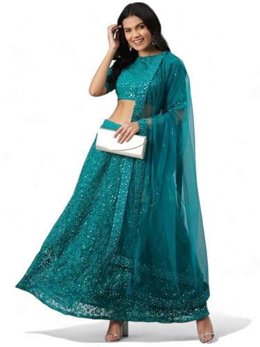 Zeel Clothing Womens Thread Sequins Embroidery Work Soft Net Semi Stitched Lehenga And Choli Set With Dupatta (6017-Teal-Green-Women- Lehenga-Choli; Free Size)