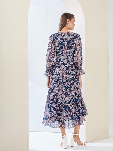 Miss Chase Women's V Neck Full Sleeves Polyester Relaxed Fit Midi Length Dress (MCAW25D85-78-178-02, Multicolored Base Navy Blue, XS)