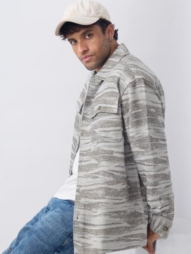 The Souled Store Jacquard: Ash Terrain Men and Boys Full Sleeves Spread Collar Button Front Textured Cotton Polyester Lightweight Everyday Casual Oversized Shacket