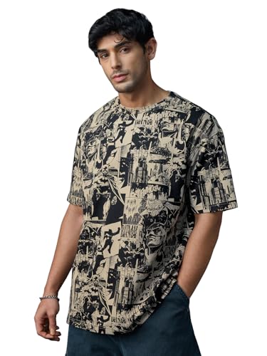 The Souled Store Batman: Gotham City Men and Boys Half Sleeves Round Neck Graphic Printed Cotton Lightweight All-Season Oversized T-Shirt Beige