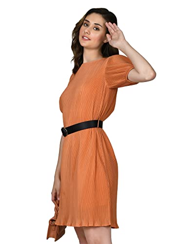 Zink London Women's Orange Self Design A-Line Short Dress