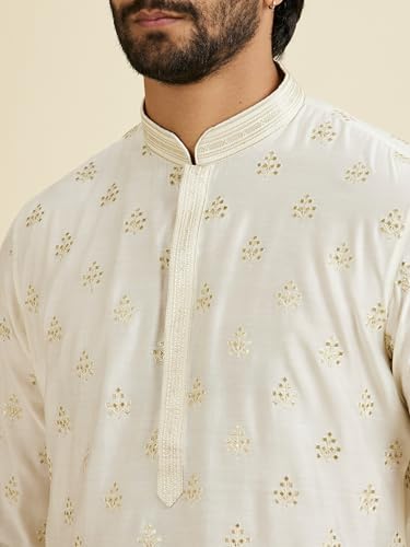 Manyavar Men's Viscose Blend Golden Threadwork Kurta Pyjama Set(Warm White,M)