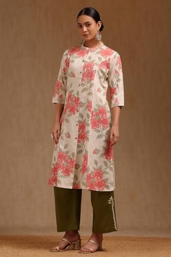 Soch Womens Pink Pure Cotton Floral Print Kurta with Thread Work