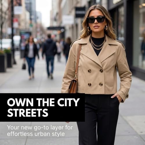Steve Madden Cropped Lapel Trench Coat, Spring Jackets for Women, Womens Lightweight Work Jackets, Khaki, Small