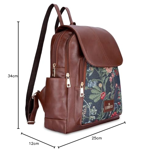 THE CLOWNFISH Minerva Faux Leather & Tapestry Women's Standard Backpack College School Bag Casual Travel Standard Backpack For Ladies Girls (Navyblue- Floral), 10 Litre