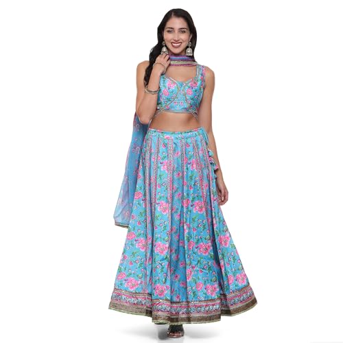 BIBA Womens Polyester Blend Printed Straight Polyester Blend Lehenga Set(Skdassorted9040_Turquoise_Xl) Readymade Turquoise Xl
