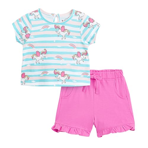 Hopscotch Girls Pink Short Sleeves 2-Pc Unicorn Cotton Short Set For Ages(3-6 Months)
