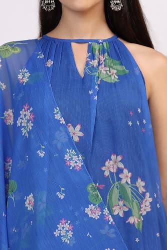 W for Woman Blue Floral Printed Halter Neck Chiffon Kurta with Flared Pants and Dupatta Set (Size: L)-WS12494-125435