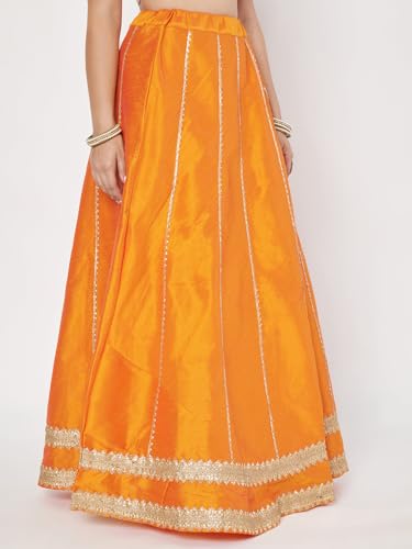studio rasa Women's Dupion Kalidaar Embellished Bias Skirt for Festive Wedding Party (SKTC62413L_Orange_Large)