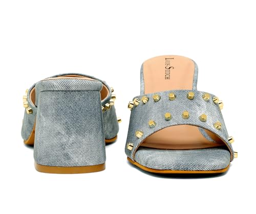 LOUIS STITCH Women’s Fashion Slip-On Block Heel Sandals | Open Toe Blue Stylish Mules Heel Sandal for Ladies, Fashionable and Comfortable Sandal (LSOF-LDBH-MUBU) (UK-8)