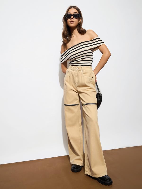 Beige Zipper Design Baggy Jeans