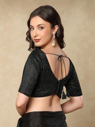 S SALWAR STUDIO Black Shimmer Sweetheart Neck Readymade Saree Blouse