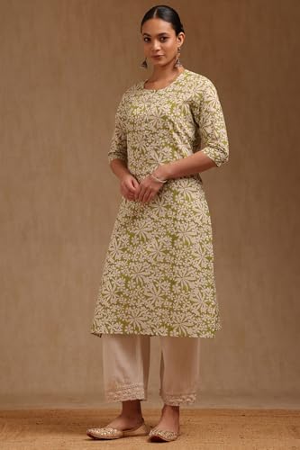 Soch Womens Green Cotton Floral Print Kurta with Thread Work