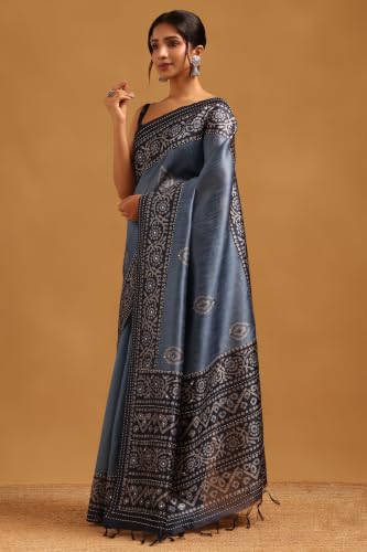 Soch Womens Blue Tussar Kantha Embroidered Saree With Mirror Work