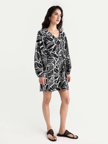 Rareism Women's Cotton V-Neck Floral Print Bishop Sleeve Mini A-Line Dress