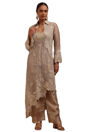Soch Womens Silver Tissue Embroidered Co-Ord Set With Sequins