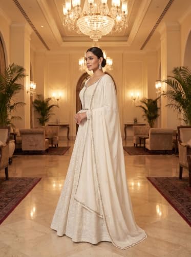 RUDRAPRAYAG Georgette And Santoon Embroidered Ankle Length Anarkali Gown For Women White