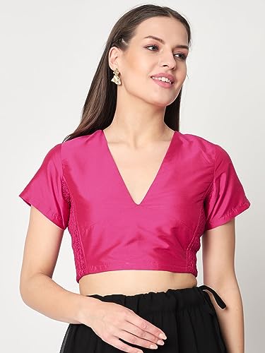 studio rasa Women's Silk Blend Short Sleeve Stretchable Fitted Blouse for Wedding Party Festive Ethnic (Tpwc42318M_Pink_Medium)