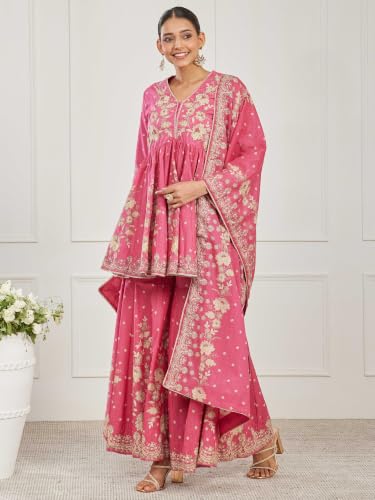 BIBA Printed Cotton Peplum Festive Kurta With Garara And Dupatta
