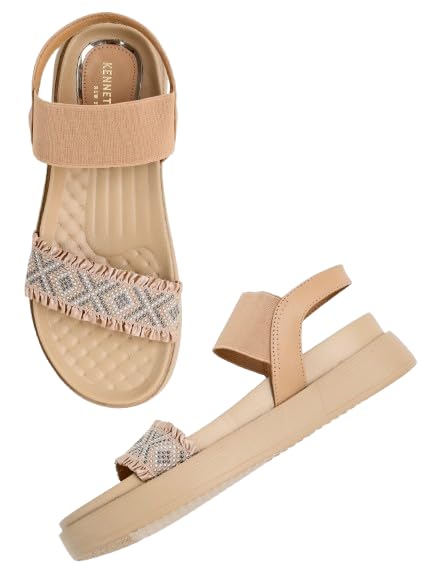 Kenneth Cole Women's Flatform Sandal | Premium Synthetic Upper | Ladies Open-Toe, Slingback Design, Cushioned Footbed | Dazzling Beaded-Embellished Vamp Strap, Ruffled Edges | Elevated Contemporary Style, Effortless Comfort & Chic Appeal | Beige, UK6