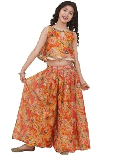 Bitiya By Bhama Girls Yellow Floral Printed Crop Top With Palazzo(GCS0525E01_15-16y)