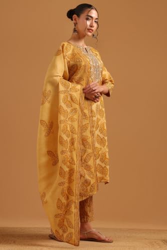 Soch Womens Mustard Cotton Blend Digital Printed Botanical Block Print Salwar Suit