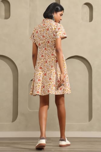 Soch Womens Beige Cotton Botanical Printed Cinched Waist Dress
