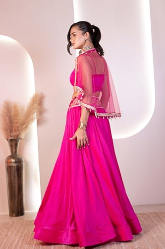 The Behruz Theory Hot Pink Hand-Embroidered Cape Lehenga Set (Pink, Extra Large)