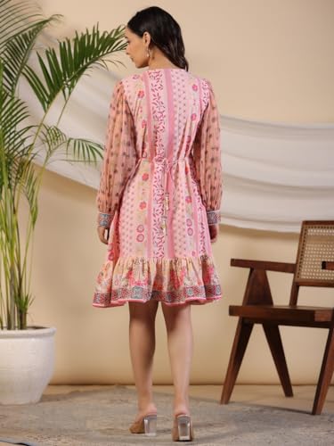 Juniper Pink Wonderland Floral Printed Pure Cotton Midi Dress with Pintucks & 3D Handwork for Women