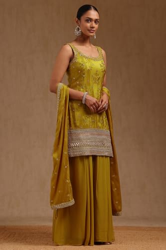 Soch Womens Mustard Tissue Embroidered Suit Set With Mirror Work