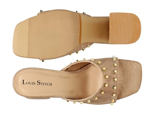 LOUIS STITCH Women’s Fashion Slip-On Block Heel Sandals | Open Toe Beige Stylish Mules Heel Sandal for Ladies, Fashionable and Comfortable Sandal (LSOF-LDBH-MUBD) (UK-6)