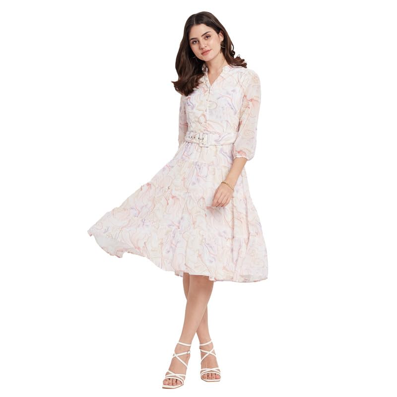 METTLE Printed Mandarin Collar Tiered Fit & Flare Dress Lilac