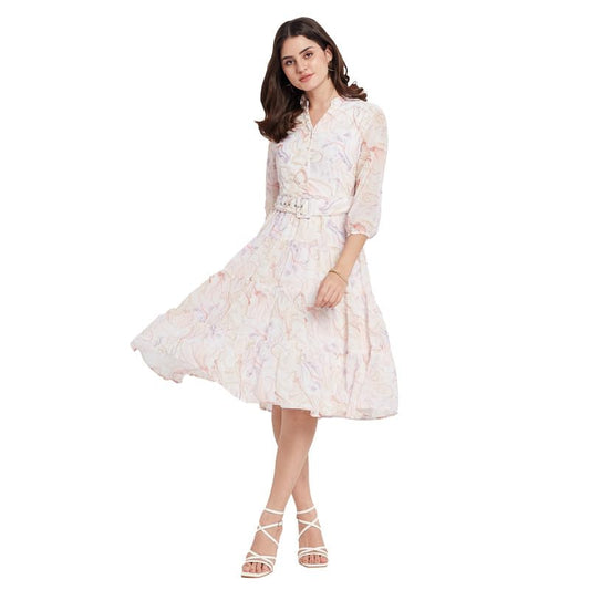 METTLE Printed Mandarin Collar Tiered Fit & Flare Dress Lilac