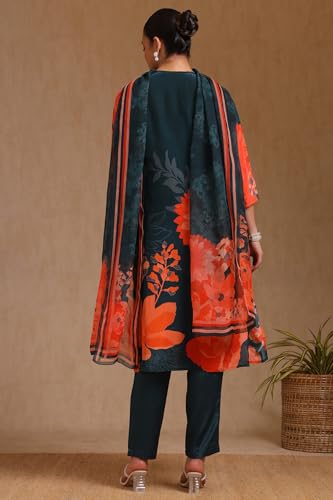Soch Womens Teal Green Crepe Floral Print Suit Set With Beads
