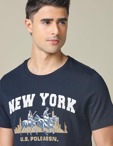 U.S. POLO ASSN. Denim Co. Men's Pure Cotton Graphic Printed T-Shirt (UDTSHOE0151_Blue_L)