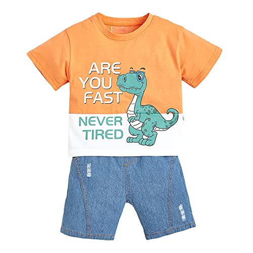Hopscotch Boys Cotton Printed Animal Print T-Shirt Shorts Set In Orange Color for Ages 4-5 Years